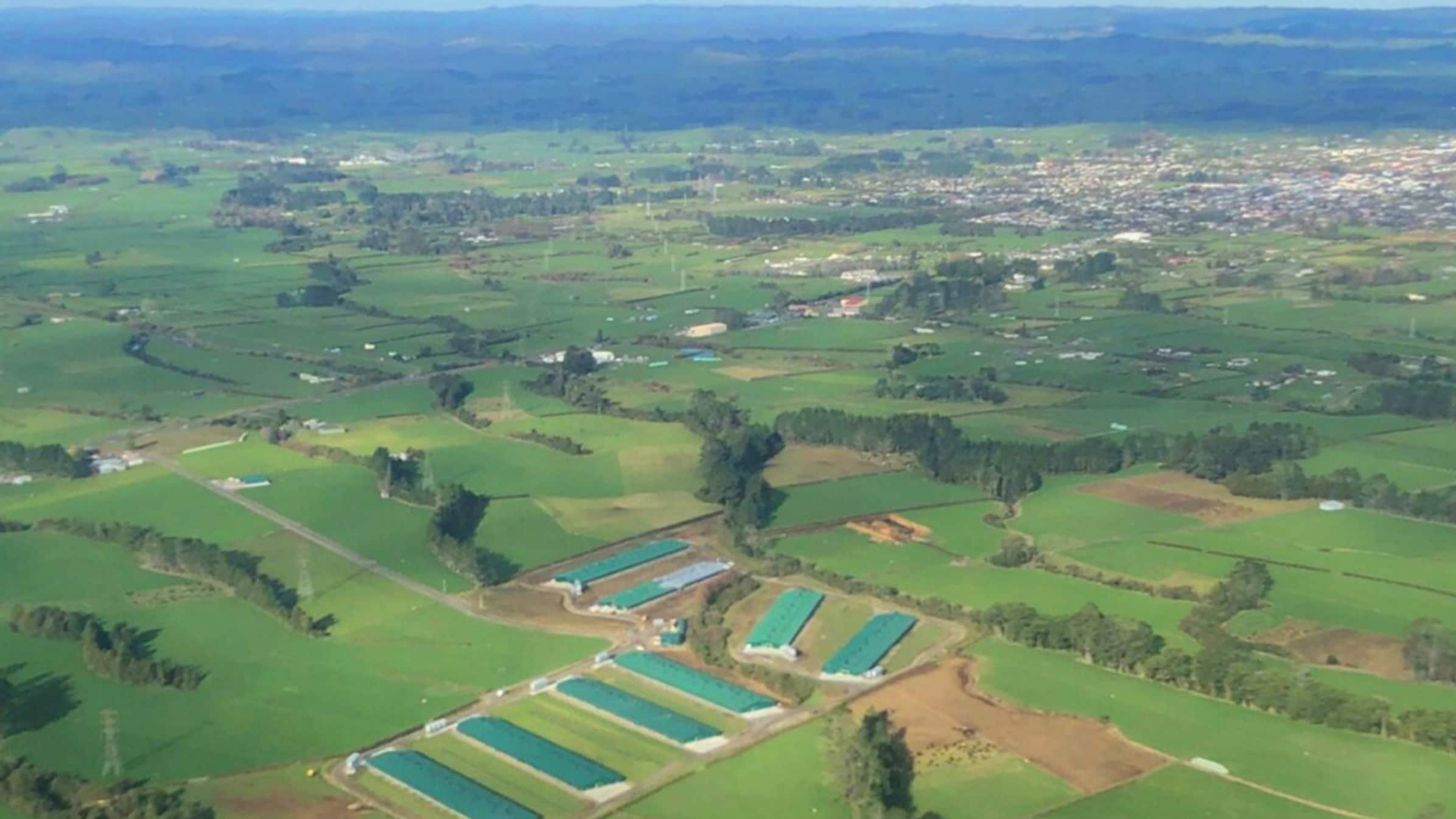 Birdseye view looking over the green farmland of Airport Farm.